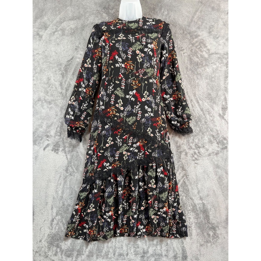 Noni Floral Tiered Maxi Dress Small Black Floral Balloon Sleeve Lace Detail Boho